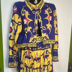 Vibrant Blue and Yellow Patterned Jacket and Skirt Set